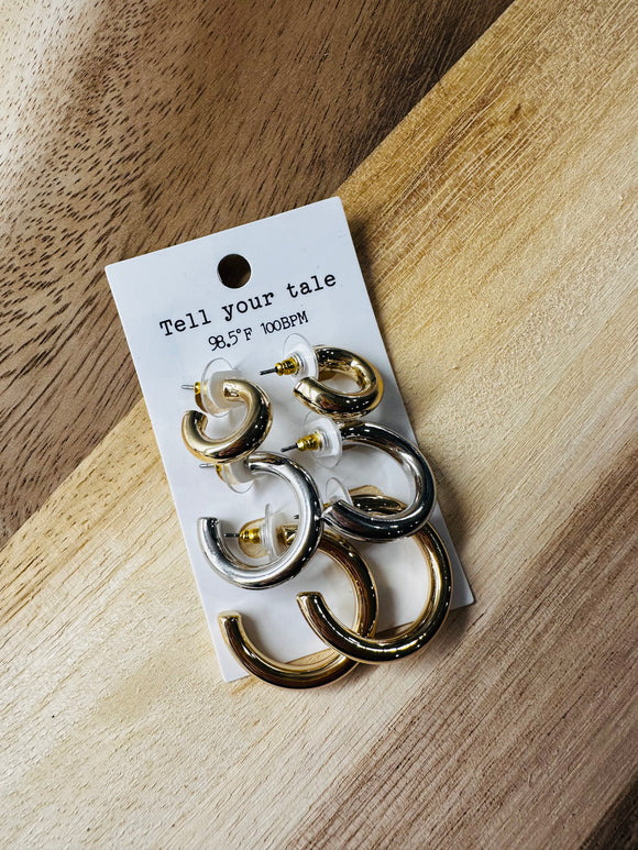 3 Pc Silver + Gold Hoop Earrings