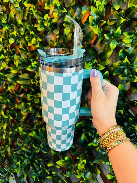 Checkered 40oz Tumbler- Turquoise + White