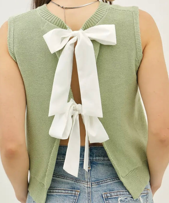 Dylan Sweater Vest w. Bow Tie Back- Sage