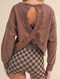 Nikki Mineral Wash Cutout Back Sweatshirt- Chocolate