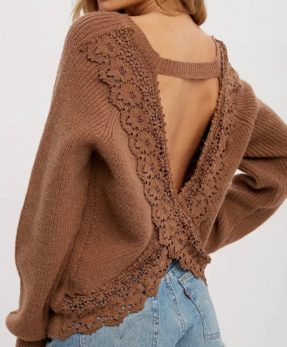 Crochet Lace Cross Back Pullover- Mocha