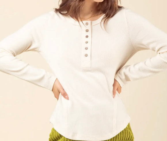 Soft Brushed Henley Knit Top- Cream