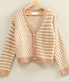 Checkered + Stripe Knit Cardigan Sweater- Taupe