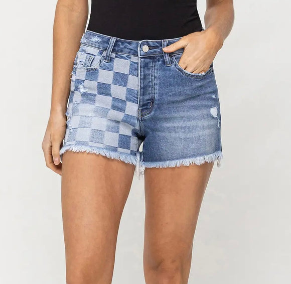 Bri High Rise Checkered Denim Shorts