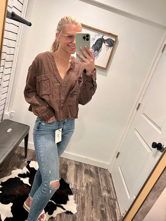 Textured Button Down Top- Brown