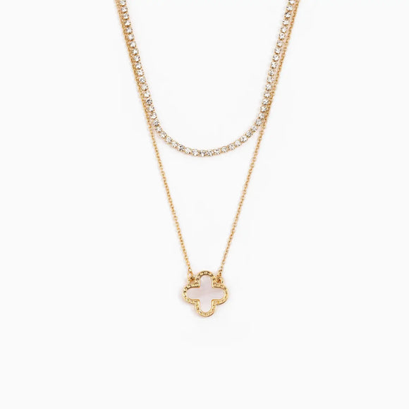 White Double Layered Mop Clover Pendant Necklace