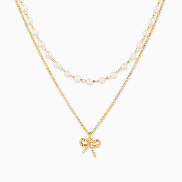 Double Layered Pearl Chain and Bow Pendant Necklace