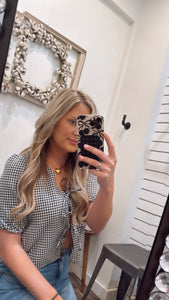 Gingham Bow Tie Puff Sleeve Blouse- Black