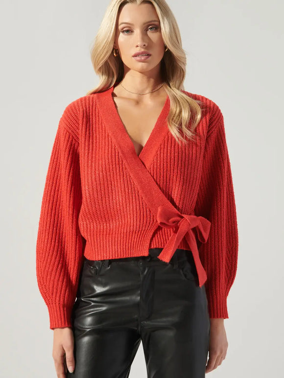Carsyn Cropped Wrap Sweater- Red