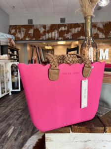 Rose Scalloped w. Taupe Braided Leather Versa Tote- Hot Pink