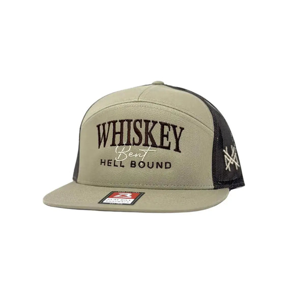 Whiskey Bent and Hell Bound Mad Hatter Trucker Hat- Khaki/ Coffee