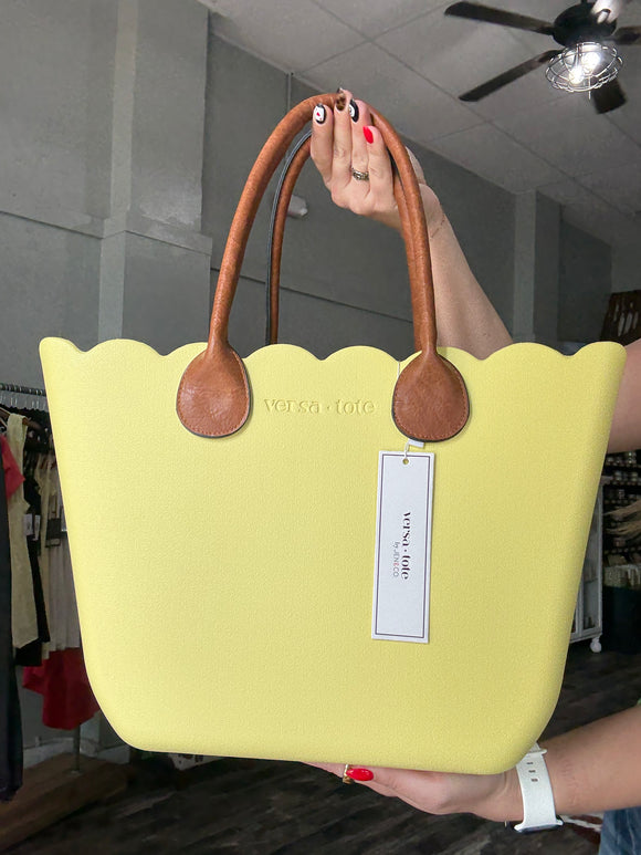 Rose Scalloped Versa Tote- Pale Yellow w. Brown Vegan Leather Strap