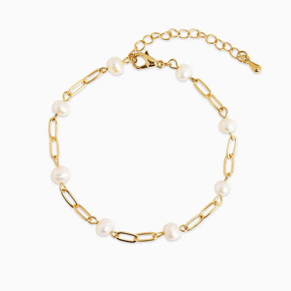 Gold Link Freshwater Pearl Mix Chain Station Bracelet