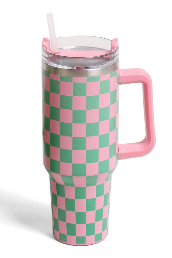 Checkered 40oz Tumbler- Pink + Green
