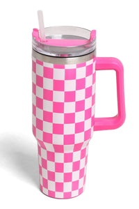Checkered 40oz Tumbler- Pink + White