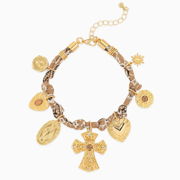 7 Charm Cross Paisley Scarf Bracelet- Beige