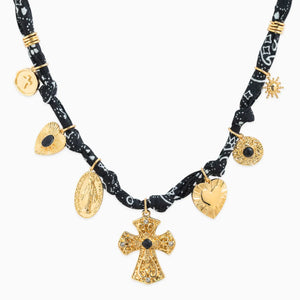 7 Charm Cross Paisley Scarf Necklace- Black