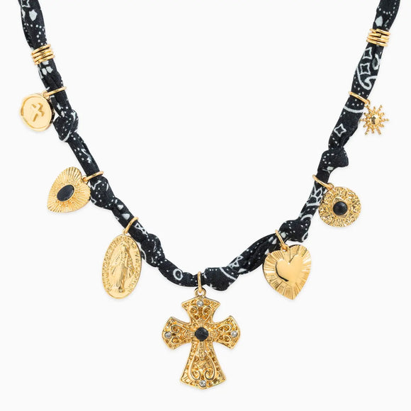 7 Charm Cross Paisley Scarf Necklace- Black