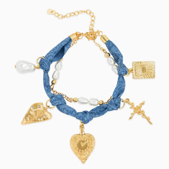 Pearl Layered Denim Bandana Scarf Heart Bracelet