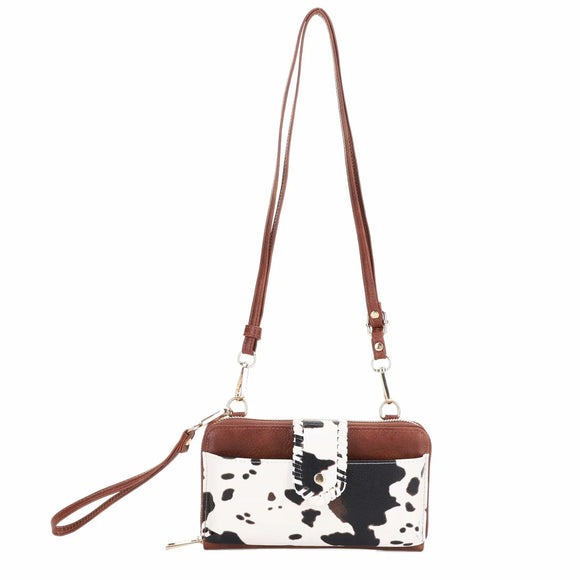 Cow Print Crossbody Wallet- Brown