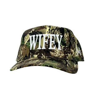 Wifey Mad Hatter Trucker Hat- Camo Otto w. White Thread