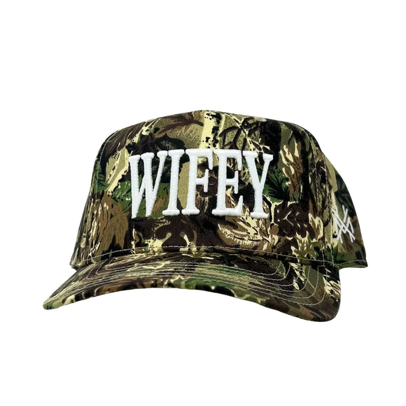 Wifey Mad Hatter Trucker Hat- Camo Otto w. White Thread