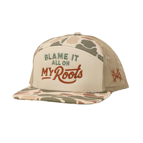 Blame it All on my Roots Mad Hatter Flat Bill Hat- Harvest Camo