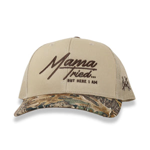 Mama Tried But Here I Am Mad Hatter Trucker Hat- Advantage Camo