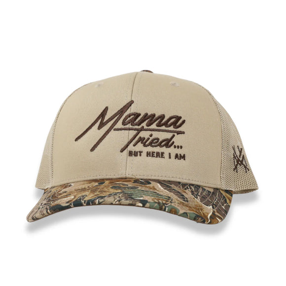 Mama Tried But Here I Am Mad Hatter Trucker Hat- Advantage Camo