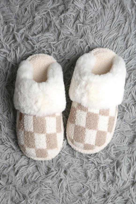 Checker Fur Slippers- Beige