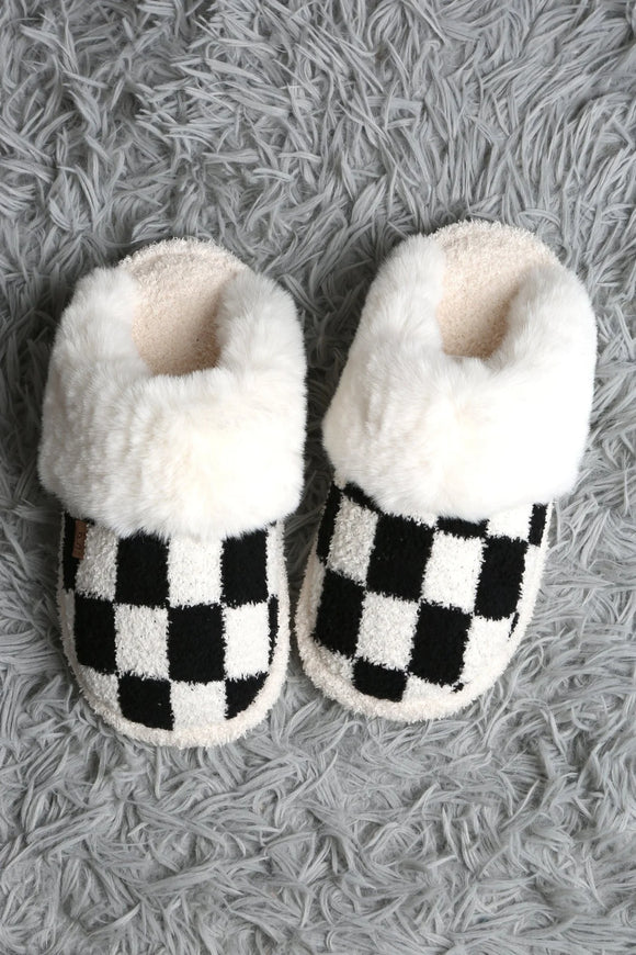 Checker Fur Slippers- Black