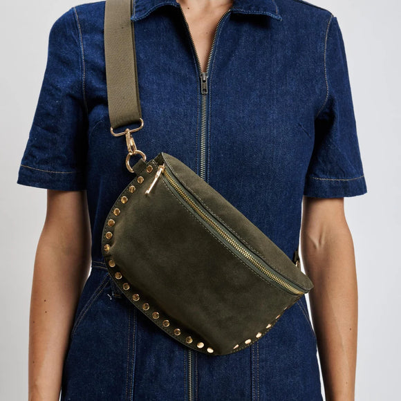 Gizelle Suede Studded Crossbody Sling- Olive