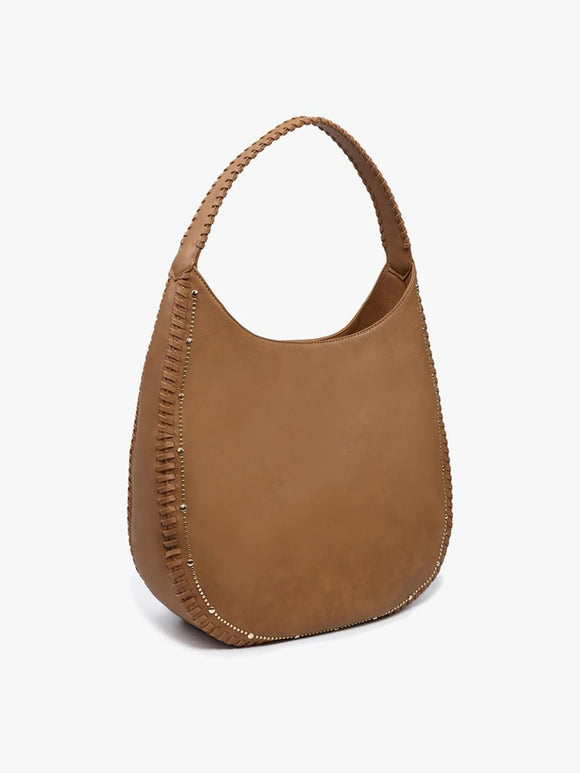 Leslie Studded Whipstitch Hobo Bag- Brown