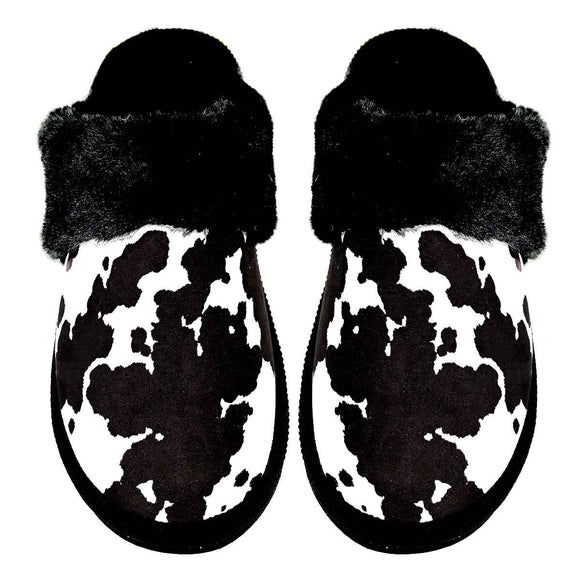 Cow Print Fuzzy Slippers- Black