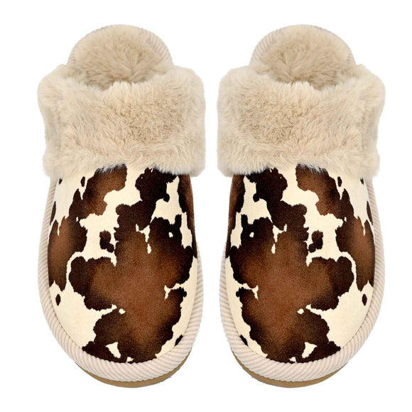 Cow Print Fuzzy Slippers- Brown