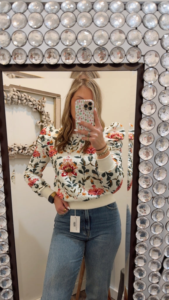 April Floral Puff Shoulder Pullover- Cream