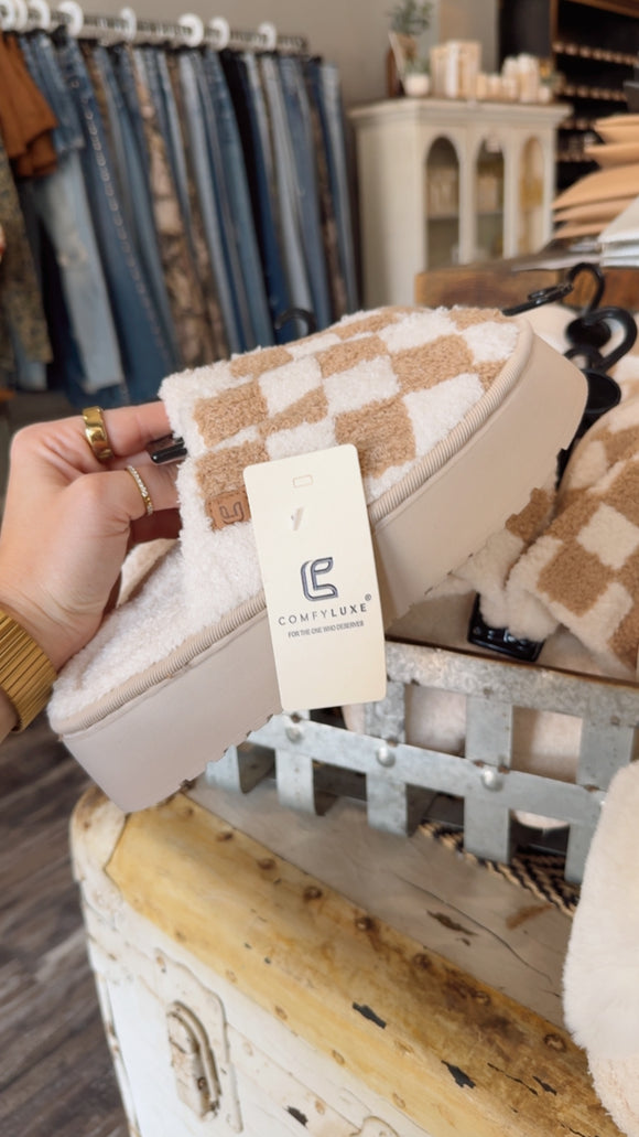 Checker Platform Slippers- Beige