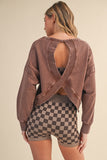 Nikki Mineral Wash Cutout Back Sweatshirt- Chocolate