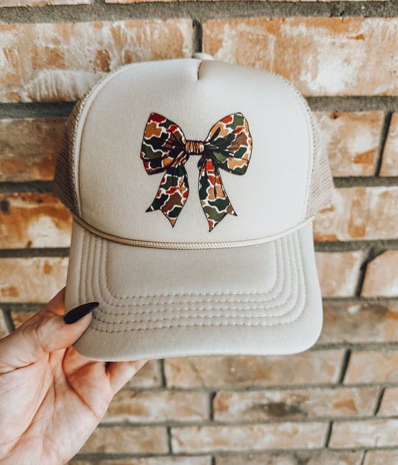 Camo Bow Trucker Hat- Tan