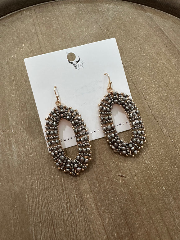 Grey Beaded Oval Earrings