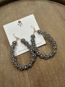 Beaded Floral Teardrop Earrings- Gray
