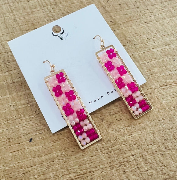 Pink Rectangle Beaded Earrings