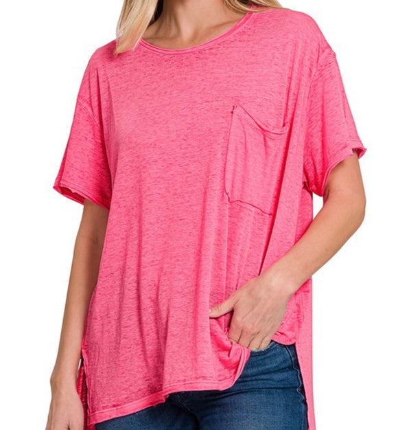 Washed Melange Round Neck Top- Fuchsia