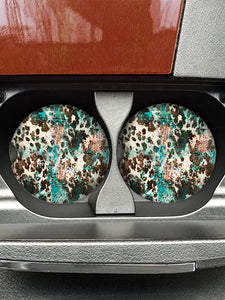 Teal Sparkle Cowhide Car Coasters