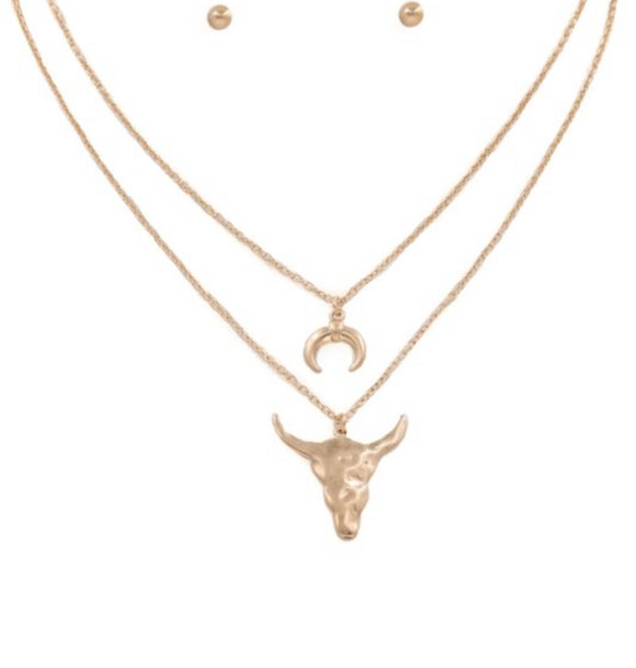 Skull + Crescent Horn Layered Necklace