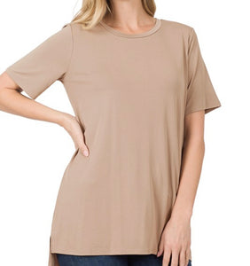 Round Neck Hi Low Hem Top- Ash Mocha