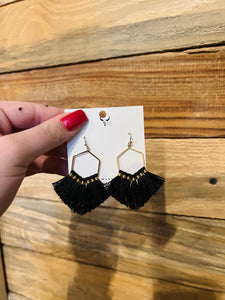 Hexagon Tassel Black Earrings