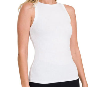 Ribbed Scoop Neck Tank- White