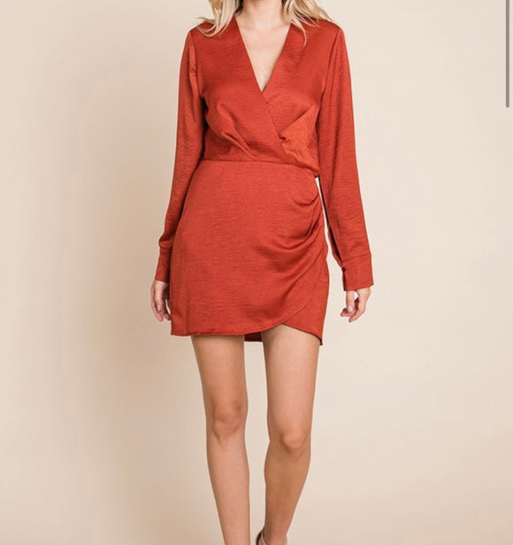 Laurie V Neck Wrap Dress- Rust