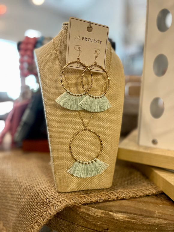 Mint Tassel Necklace + Earring Set